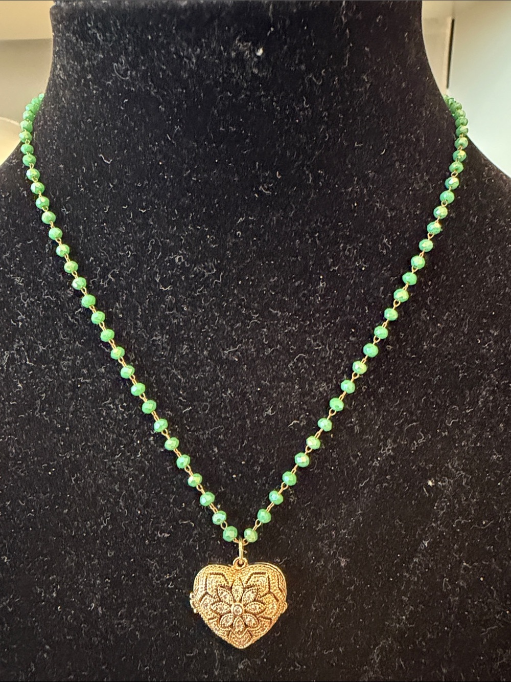Gold Heart Locket Pendant Necklace with Green Beaded Chain